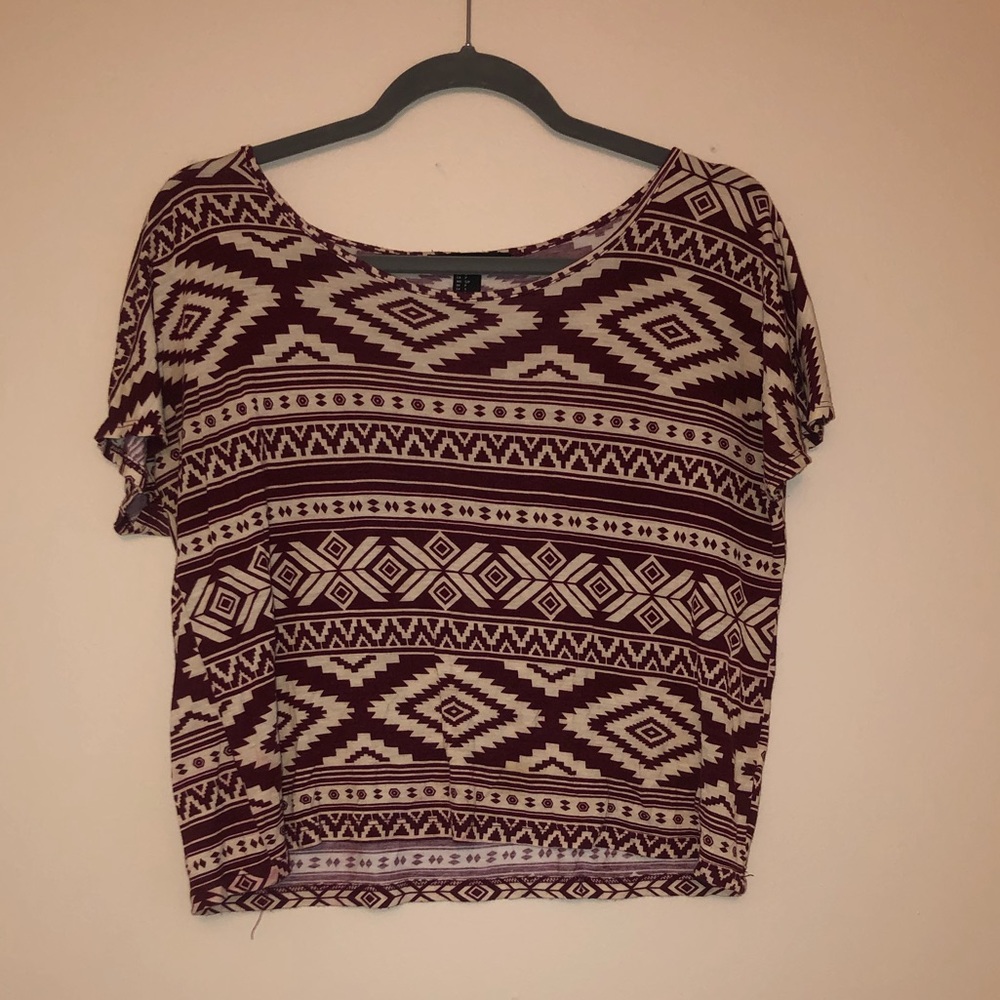 Maroon and cream cropped tribal shirt